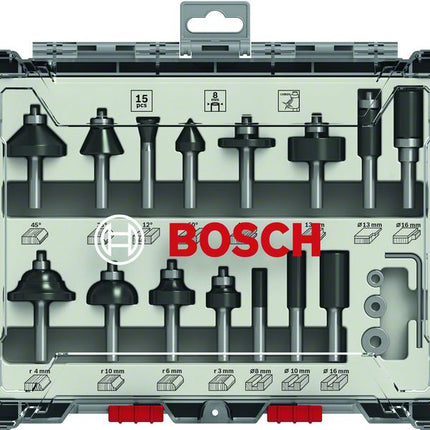 Bosch Mixed Fräser Set 8 mm 15 tlg. + Koffer ( 2607017472 ) für Oberfräsen mit Rundschaft - Toolbrothers