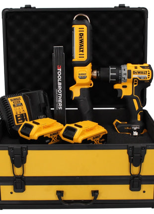 Perceuse-visseuse sans fil DeWalt DCD 791 P2 TX 18 V 70 Nm sans balais + lampe à batterie DCL 050 18 V + 2x batteries 5,0 Ah + chargeur + mètre pliant + mallette TX