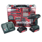 Metabo SB 18 set taladro percutor inalámbrico 18 voltios 48 Nm (602245880) + 2x baterías 2,0 Ah + cargador + juego de brocas de 88 piezas + maletín