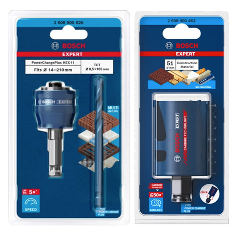 Bosch EXPERT Juego básico de sierra perforadora para materiales de construcción 51 x 60 mm (2608900463) Universal + adaptador de cambio de corriente (2608900526)