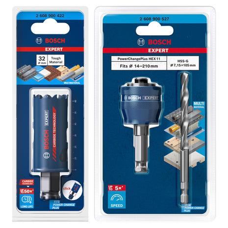 Bosch EXPERT Tough Material Lochsägen Starter Set 32 x 60 mm Carbide ( 2608900422 ) Universal + Power Change Adapter ( 2608900527 )