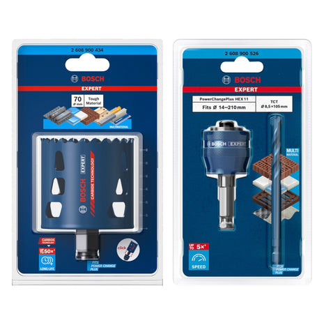 Bosch EXPERT Juego básico de sierra perforadora para materiales resistentes, carburo de 70 x 60 mm (2608900434), universal + adaptador de cambio de corriente (2608900526)