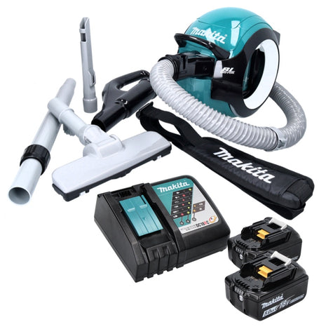 Aspirateur à batterie Makita DCL 501 RT 18 V sans balais + 2x batteries 5,0 Ah + chargeur + accessoires