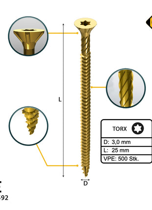 FORTE Tools Universal Holzschraube 3,0 x 25 mm T10 500 Stk. ( 000051399463 ) gelb verzinkt Torx Senkkopf Vollgewinde