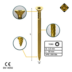 FORTE Tools Universal Holzschraube 3,5 x 50 mm T15 200 Stk. ( 000051399471 ) gelb verzinkt Torx Senkkopf Vollgewinde
