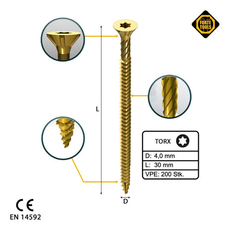 FORTE Tools Universal Holzschraube 4,0 x 30 mm T20 200 Stk. ( 000051399473 ) gelb verzinkt Torx Senkkopf Vollgewinde