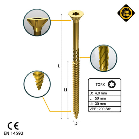 FORTE Tools Universal Holzschraube 4,0 x 50 mm T20 200 Stk. ( 000051399475 ) gelb verzinkt Torx Senkkopf Teilgewinde - Toolbrothers