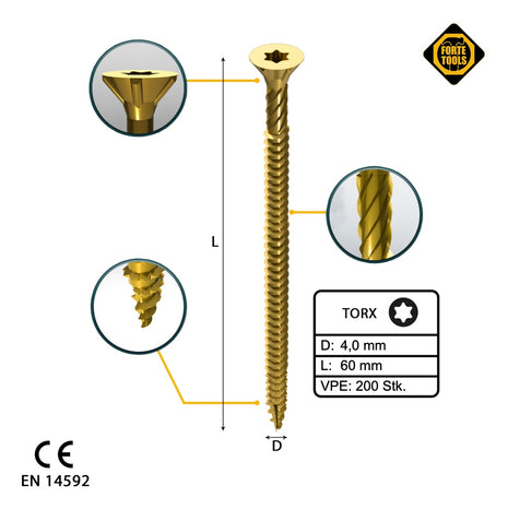 FORTE Tools tornillo universal para madera 4,0 x 60 mm T20 200 piezas (000051399476) cabeza avellanada Torx galvanizada amarilla rosca completa