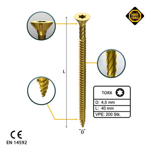 FORTE Tools Universal Holzschraube 4,5 x 40 mm T20 200 Stk. ( 000051399478 ) gelb verzinkt Torx Senkkopf Vollgewinde