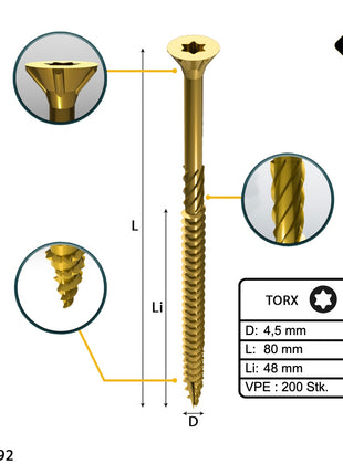 FORTE Tools Universal Holzschraube 4,5 x 80 mm T20 200 Stk. ( 000051399482 ) gelb verzinkt Torx Senkkopf Teilgewinde