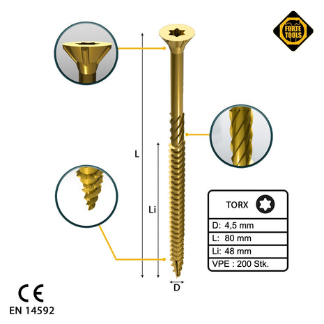 FORTE Tools Universal Holzschraube 4,5 x 80 mm T20 200 Stk. ( 000051399482 ) gelb verzinkt Torx Senkkopf Teilgewinde