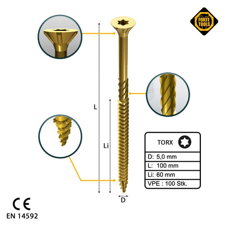 FORTE Tools Tornillo universal para madera 5,0 x 100 mm T25 100 piezas (000051399483) rosca parcial Torx cabeza avellanada galvanizada amarilla