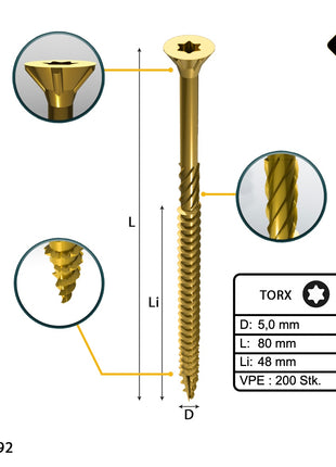 FORTE Tools Tornillo universal para madera 5,0 x 80 mm T25 200 piezas (000051399489) cabeza avellanada Torx galvanizada amarilla rosca parcial