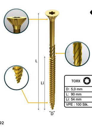 FORTE Tools Universal Holzschraube 5,0 x 90 mm T25 100 Stk. ( 000051399490 ) gelb verzinkt Torx Senkkopf Teilgewinde