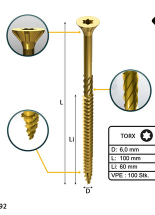 FORTE Tools Tornillo universal para madera 6,0 x 100 mm T30 100 piezas (000051399491) rosca parcial Torx cabeza avellanada galvanizada amarilla