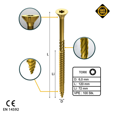 FORTE Tools Universal Holzschraube 6,0 x 120 mm T30 100 Stk. ( 000051399492 ) gelb verzinkt Torx Senkkopf Teilgewinde