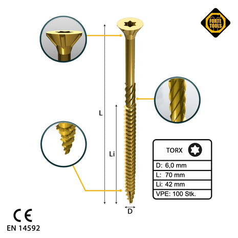 FORTE Tools Vis à bois universelle 6,0 x 70 mm T30, Galvanisée jaune, Tête fraisée Torx, Filetage partiel, 100 pcs. (000051399495)