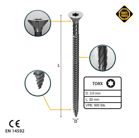 FORTE Tools Universal Holzschraube 3,0 x 20 mm T10 500 Stk. ( 000040113857 ) silber verzinkt Torx Senkkopf Vollgewinde