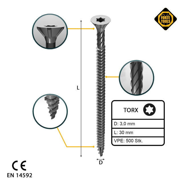 FORTE Tools Universal Holzschraube 3,0 x 30 mm T10 500 Stk. ( 000040113859 ) silber verzinkt Torx Senkkopf Vollgewinde - Toolbrothers