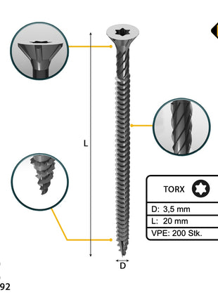 FORTE Tools Universal Holzschraube 3,5 x 20 mm T15 200 Stk. ( 000040113861 ) silber verzinkt Torx Senkkopf Vollgewinde - Toolbrothers