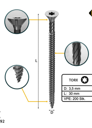 FORTE Tools Universal Holzschraube 3,5 x 30 mm T15 200 Stk. ( 000040113863 ) silber verzinkt Torx Senkkopf Vollgewinde - Toolbrothers