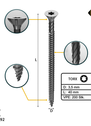 FORTE Tools Universal Holzschraube 3,5 x 40 mm T15 200 Stk. ( 000040113865 ) silber verzinkt Torx Senkkopf Vollgewinde