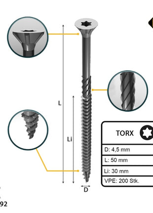 FORTE Tools tornillo universal para madera 4,5 x 50 mm T20 200 piezas (000040113874) rosca parcial Torx cabeza avellanada galvanizada plateada