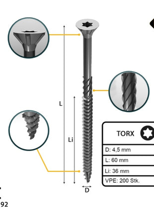 FORTE Tools Universal Holzschraube 4,5 x 60 mm T20 200 Stk. ( 000040113875 ) silber verzinkt Torx Senkkopf Teilgewinde