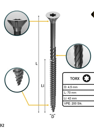 FORTE Tools tornillo universal para madera 4,5 x 70 mm T20 200 piezas (000040113876) galvanizado en plata Torx cabeza avellanada rosca parcial