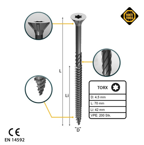 FORTE Tools tornillo universal para madera 4,5 x 70 mm T20 200 piezas (000040113876) galvanizado en plata Torx cabeza avellanada rosca parcial