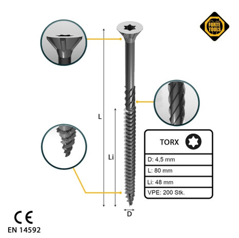 FORTE Tools tornillo universal para madera 4,5 x 80 mm T20 200 piezas (000040113877) galvanizado en plata Torx cabeza avellanada rosca parcial