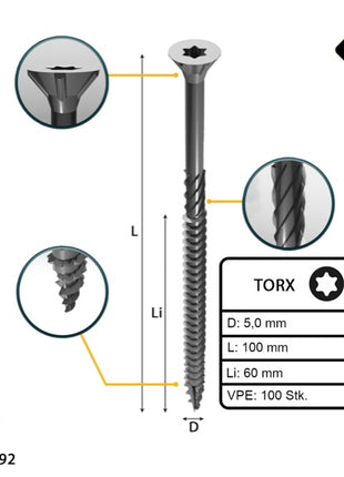 FORTE Tools Tornillo universal para madera 5,0 x 100 mm T25 100 piezas (000040113878) galvanizado en plata Torx cabeza avellanada rosca parcial