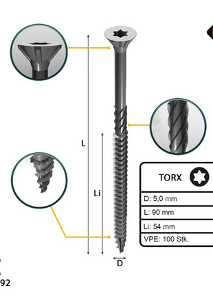 FORTE Tools Universal Holzschraube 5,0 x 90 mm T25 100 Stk. ( 000040113885 ) silber verzinkt Torx Senkkopf Teilgewinde