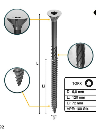 FORTE Tools Tornillo universal para madera 6,0 x 120 mm T30 100 piezas (000040113887) galvanizado en plata Torx cabeza avellanada rosca parcial