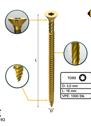 FORTE Tools Universal Holzschraube 3,0 x 16 mm T10 1000 Stk. ( 2x 000051399461 ) gelb verzinkt Torx Senkkopf Vollgewinde - Toolbrothers