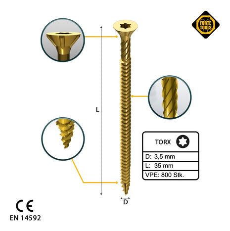 FORTE Tools Universal Holzschraube 3,5 x 35 mm T15 800 Stk. ( 4x 000051399469 ) gelb verzinkt Torx Senkkopf Vollgewinde