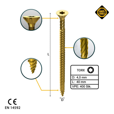 FORTE Tools Vis à bois universelle 4,0 x 40 mm T20, Galvanisée jaune, Tête fraisée Torx, Filetage total, 400 pcs. (2x 000051399474)