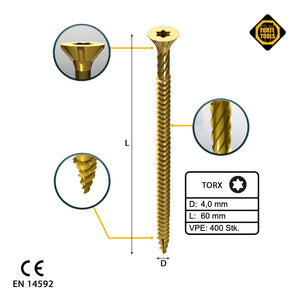 FORTE Tools Universal Holzschraube 4,0 x 60 mm T20 400 Stk. ( 2x 000051399476 ) gelb verzinkt Torx Senkkopf Vollgewinde