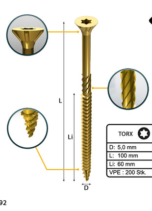 FORTE Tools Tornillo universal para madera 5,0 x 100 mm T25 200 piezas (2x 000051399483) rosca parcial Torx cabeza avellanada galvanizada amarilla