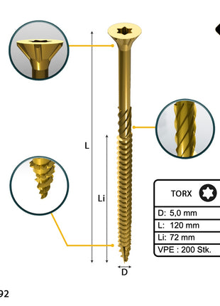 FORTE Tools Tornillo universal para madera 5,0 x 120 mm T25 200 piezas (2x 000051399484) rosca parcial Torx cabeza avellanada galvanizada amarilla