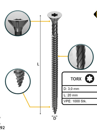 FORTE Tools tornillo universal para madera 3,0 x 20 mm T10 1000 piezas (2x 000040113857) galvanizado en plata Torx cabeza avellanada rosca completa