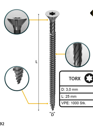 FORTE Tools tornillo universal para madera 3,0 x 25 mm T10 1000 piezas (2x 000040113858) galvanizado en plata Torx cabeza avellanada rosca completa