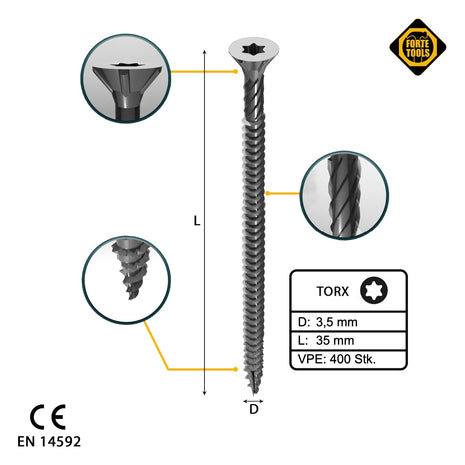 FORTE Tools Vis à bois universelle 3,5 x 35 mm T15, Argent galvanisé, Tête fraisée Torx, Filetage total, 400 pcs. (2x 000040113864)