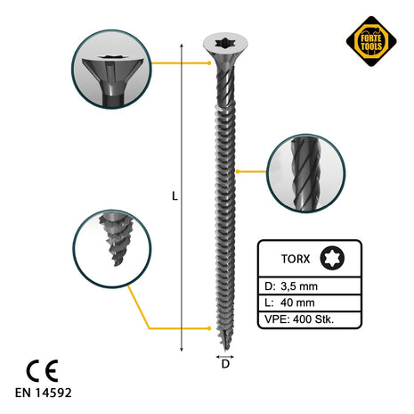 FORTE Tools Vis à bois universelle 3,5 x 40 mm T15, Argent galvanisé, Tête fraisée Torx, Filetage total, 400 pcs. (2x 000040113865)