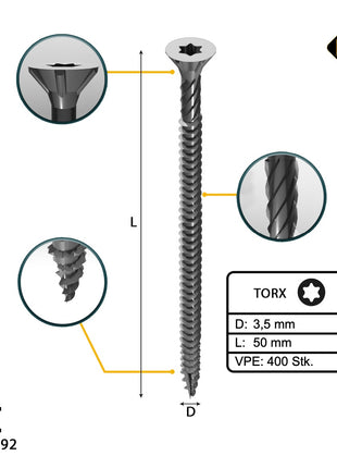 FORTE Tools Universal Holzschraube 3,5 x 50 mm T15 400 Stk. ( 2x 000040113866 ) silber verzinkt Torx Senkkopf Vollgewinde