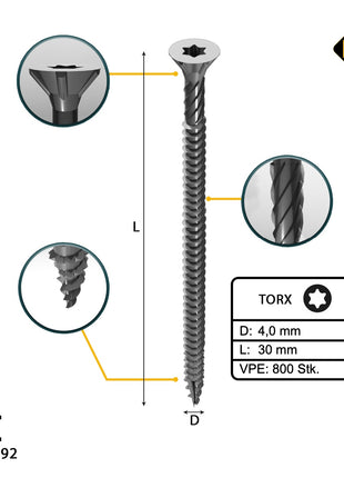 FORTE Tools Universal Holzschraube 4,0 x 30 mm T20 800 Stk. ( 4x 000040113868 ) silber verzinkt Torx Senkkopf Vollgewinde