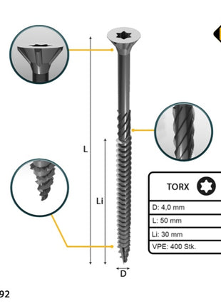 FORTE Tools Universal Holzschraube 4,0 x 50 mm T20 400 Stk. ( 2x 000040113870 ) silber verzinkt Torx Senkkopf Teilgewinde