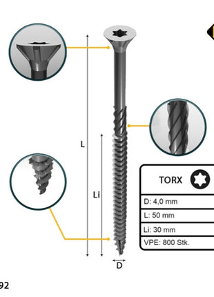 FORTE Tools Tornillo universal para madera 4,0 x 50 mm T20 800 piezas (4x 000040113870) galvanizado en plata Torx cabeza avellanada rosca parcial