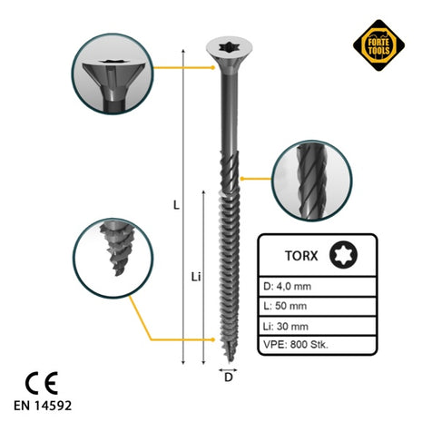 FORTE Tools Universal Holzschraube 4,0 x 50 mm T20 800 Stk. ( 4x 000040113870 ) silber verzinkt Torx Senkkopf Teilgewinde