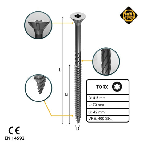 FORTE Tools vis à bois universelle 4,5 x 70 mm T20 400 pièces (2x 000040113876) tête fraisée Torx galvanisée argent filetage partiel